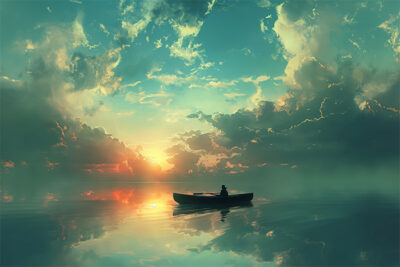 A person sits alone in a small boat on calm water at sunset, with dramatic clouds and colourful sky reflected on the surface. Fantasy art poster available in A1 to A4 sizes.