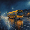 A yellow bus drives on a wet, empty street at night, with reflections of streetlights shimmering across the shiny pavement. Wall art print available in A1 to A4 sizes.
