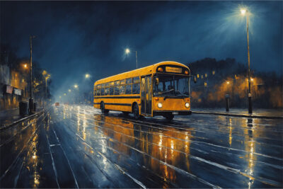 A yellow bus drives on a wet, empty street at night, with reflections of streetlights shimmering across the shiny pavement. Wall art print available in A1 to A4 sizes.
