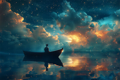 A person sits alone in a rowboat on calm water under a starry sky with glowing clouds, reflecting light on the surface. Fantasy art poster available in A1 to A4 sizes.