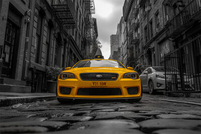 Yellow taxi cab centred on a cobblestone street in a city, with tall buildings and a cloudy sky in black and white in the background. New York taxi print available in A1 to A4 sizes.