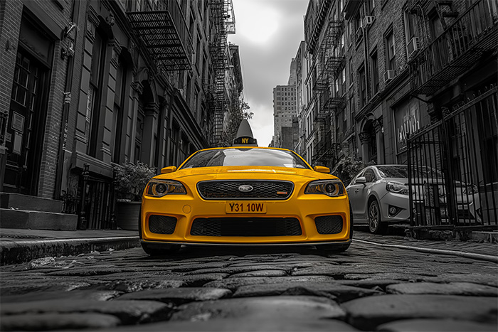 product-image-3-2 Yellow taxi cab centred on a cobblestone street in a city, with tall buildings and a cloudy sky in black and white in the background. New York taxi print available in A1 to A4 sizes.