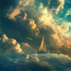 A sailboat travels on calm ocean waves under a dramatic sky filled with large, colourful clouds and scattered stars. Fantasy art poster available in A1 to A4 sizes.
