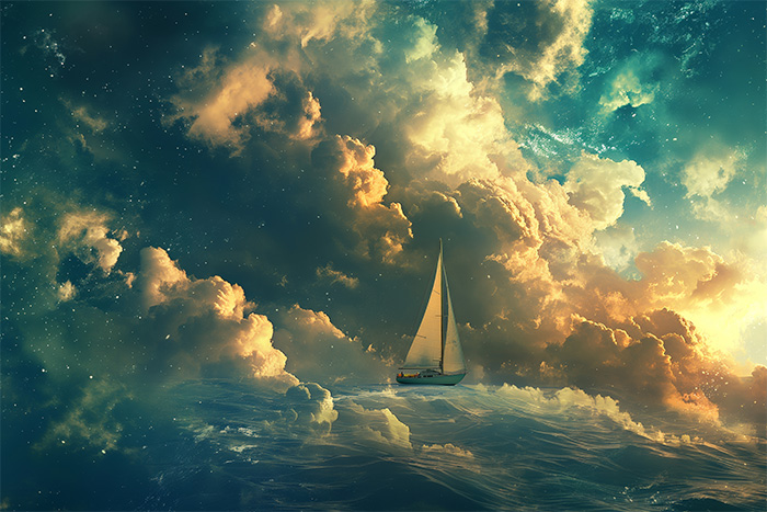 product-image-3-2 A sailboat travels on calm ocean waves under a dramatic sky filled with large, colourful clouds and scattered stars. Fantasy art poster available in A1 to A4 sizes.