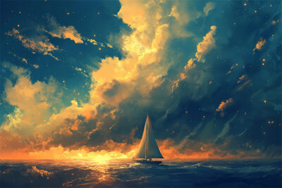 A sailboat floats on the ocean under a dramatic sky filled with vibrant clouds and golden sunlight near the horizon. Wall art print available in A1 to A4 sizes.