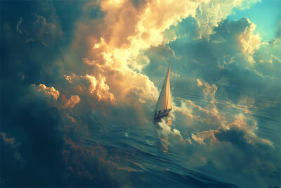 A sailboat glides on calm water, surrounded by dramatic, colourful clouds reflecting on the surface, creating a surreal and dreamlike atmosphere. Fantasy art poster available in A1 to A4 sizes.