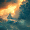 A sailboat glides through dense, dramatic clouds, illuminated by a golden light breaking through the sky. Fantasy art poster available in A1 to A4 sizes.