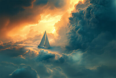 A sailboat glides through dense, dramatic clouds, illuminated by a golden light breaking through the sky. Fantasy art poster available in A1 to A4 sizes.