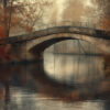 A stone arch bridge crosses a calm river surrounded by autumn trees and mist, with reflections visible in the water. Wall art print available in A1 to A4 sizes.