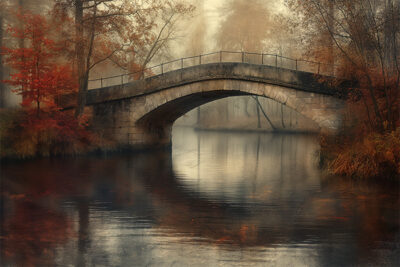 A stone arch bridge crosses a calm river surrounded by autumn trees and mist, with reflections visible in the water. Wall art print available in A1 to A4 sizes.