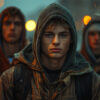A young person in a hooded jacket stands in focus outdoors with two others behind, as rain falls and city lights blur in the background. Cinematic-style teen attitude poster available in A1 to A4 sizes.