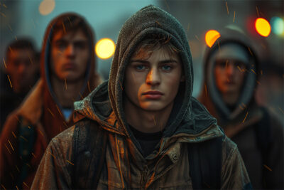 A young person in a hooded jacket stands in focus outdoors with two others behind, as rain falls and city lights blur in the background. Cinematic-style teen attitude poster available in A1 to A4 sizes.