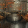 A stone bridge crosses a calm stream in a forest with bare trees and orange autumn leaves on the ground. Wall art print available in A1 to A4 sizes.