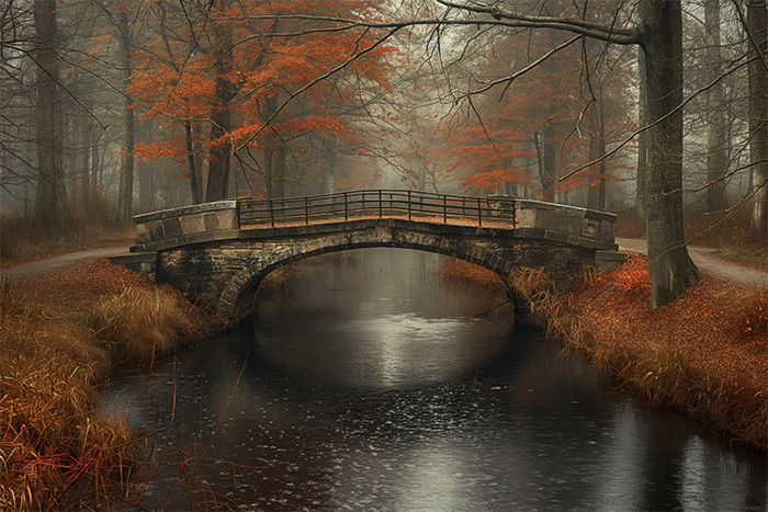 product-image-3-2 A stone bridge crosses a calm stream in a forest with bare trees and orange autumn leaves on the ground. Wall art print available in A1 to A4 sizes.