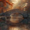 Arched stone bridge over a calm river surrounded by autumn trees with orange leaves and soft, misty sunlight filtering through the forest. Wall art print available in A1 to A4 sizes.