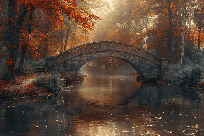 product-image-3-2 Arched stone bridge over a calm river surrounded by autumn trees with orange leaves and soft, misty sunlight filtering through the forest. Wall art print available in A1 to A4 sizes.