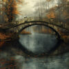 Stone arch bridge crosses a calm, reflective river surrounded by autumn trees in a misty forest setting. Wall art print available in A1 to A4 sizes.
