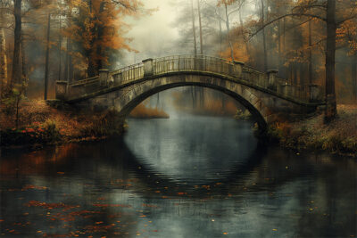 Stone arch bridge crosses a calm, reflective river surrounded by autumn trees in a misty forest setting. Wall art print available in A1 to A4 sizes.