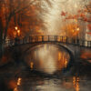 An arched bridge crosses a calm canal lined with autumn trees and illuminated by street lamps, reflecting on the water in a misty atmosphere. Wall art print available in A1 to A4 sizes.
