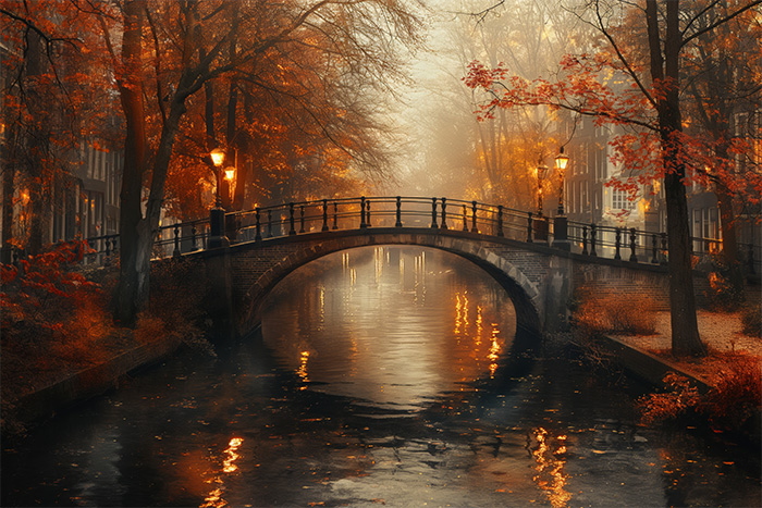 product-image-3-2 An arched bridge crosses a calm canal lined with autumn trees and illuminated by street lamps, reflecting on the water in a misty atmosphere. Wall art print available in A1 to A4 sizes.