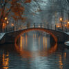 A canal with a curved, illuminated bridge and lamp-lit trees on both sides, reflecting lights on the water during dusk in a misty, autumn or winter setting. Wall art print available in A1 to A4 sizes.