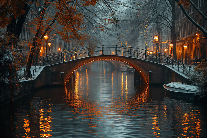 product-image-3-2 A canal with a curved, illuminated bridge and lamp-lit trees on both sides, reflecting lights on the water during dusk in a misty, autumn or winter setting. Wall art print available in A1 to A4 sizes.