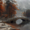 Stone bridge over a calm lake surrounded by autumn trees and mountains, with a statue on the left and mist in the background. Wall art print available in A1 to A4 sizes.