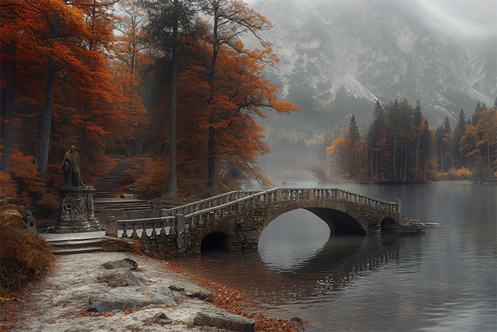 product-image-3-2 Stone bridge over a calm lake surrounded by autumn trees and mountains, with a statue on the left and mist in the background. Wall art print available in A1 to A4 sizes.