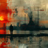 A person stands by water at sunset, facing an industrial complex with smokestacks and a red-tinged sky, creating a moody, atmospheric scene. Abstract art print available in A1 to A4 sizes.