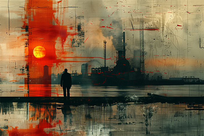 product-image-3-2 A person stands by water at sunset, facing an industrial complex with smokestacks and a red-tinged sky, creating a moody, atmospheric scene. Abstract art print available in A1 to A4 sizes.