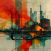 Abstract digital artwork of an industrial cityscape with geometric shapes, bold red and orange tones, and a mix of sharp and soft lines suggesting buildings and reflections. Abstract art print available in A1 to A4 sizes.
