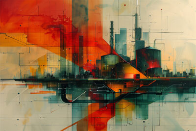 Abstract digital artwork of an industrial cityscape with geometric shapes, bold red and orange tones, and a mix of sharp and soft lines suggesting buildings and reflections. Abstract art print available in A1 to A4 sizes.