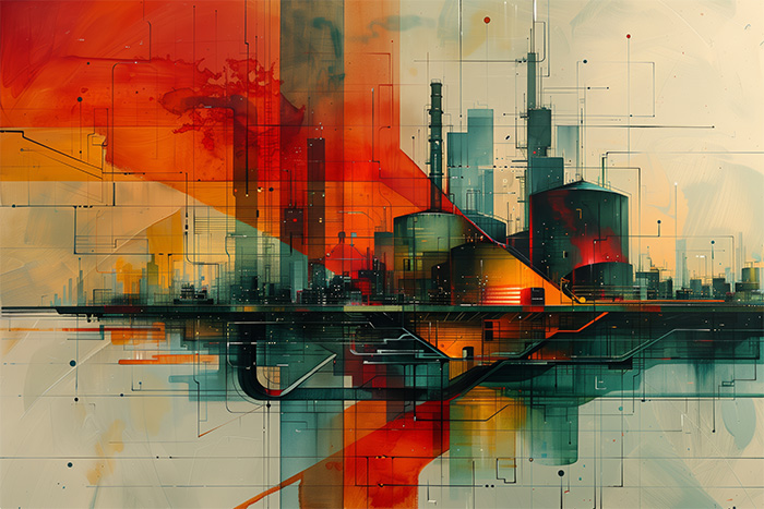 product-image-3-2 Abstract digital artwork of an industrial cityscape with geometric shapes, bold red and orange tones, and a mix of sharp and soft lines suggesting buildings and reflections. Abstract art print available in A1 to A4 sizes.