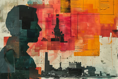 A silhouette of a person faces colourful, layered documents and architectural shapes, with a cityscape in the lower foreground. Abstract art print available in A1 to A4 sizes.