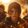 A teenage boy wearing a knit beanie and jacket stands outdoors in warm, golden light, with two blurred figures and glowing bokeh in the background. Cinematic-style teen attitude poster available in A1 to A4 sizes.