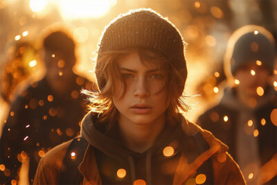 A teenage boy wearing a knit beanie and jacket stands outdoors in warm, golden light, with two blurred figures and glowing bokeh in the background. Cinematic-style teen attitude poster available in A1 to A4 sizes.