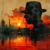 A silhouette of a person wearing a hat is overlaid on an industrial cityscape at sunset, with vivid orange and red tones reflected in the water below. Abstract art print available in A1 to A4 sizes.