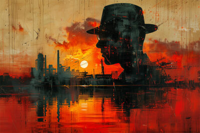A silhouette of a person wearing a hat is overlaid on an industrial cityscape at sunset, with vivid orange and red tones reflected in the water below. Abstract art print available in A1 to A4 sizes.