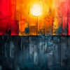 Abstract painting of a sunset with a bright yellow sun, red and orange sky above, and dark blue and grey tones below, featuring vertical textured brushstrokes. Abstract art print available in A1 to A4 sizes.
