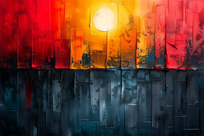 Abstract painting of a sunset with a bright yellow sun, red and orange sky above, and dark blue and grey tones below, featuring vertical textured brushstrokes. Abstract art print available in A1 to A4 sizes.