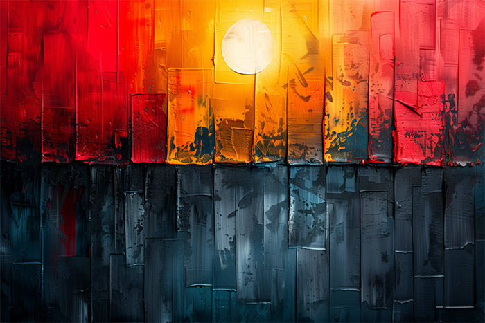 product-image-3-2 Abstract painting of a sunset with a bright yellow sun, red and orange sky above, and dark blue and grey tones below, featuring vertical textured brushstrokes. Abstract art print available in A1 to A4 sizes.