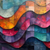 Abstract painting featuring layered, wavy bands in various colours, including blue, red, orange, and purple, with textured square and rectangular segments. Abstract art print available in A1 to A4 sizes.