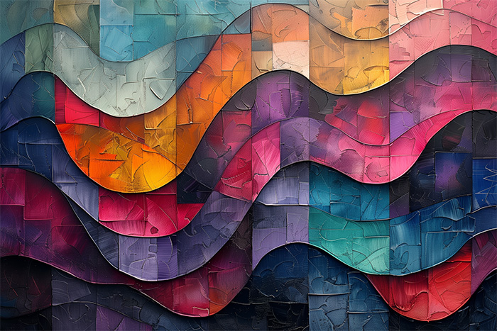 Abstract painting featuring layered, wavy bands in various colours, including blue, red, orange, and purple, with textured square and rectangular segments. Abstract art print available in A1 to A4 sizes.