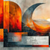 Abstract painting featuring overlapping geometric shapes in warm red, orange, and grey tones, with a crescent shape and a sun over a mountainous landscape in the background. Abstract art poster available in A1 to A4 sizes.