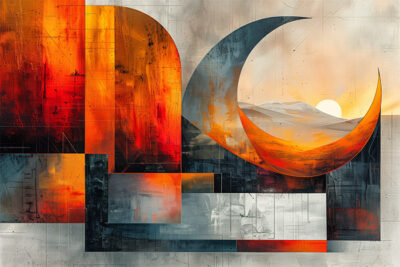 Abstract painting featuring overlapping geometric shapes in warm red, orange, and grey tones, with a crescent shape and a sun over a mountainous landscape in the background. Abstract art poster available in A1 to A4 sizes.