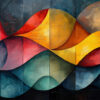 Abstract painting featuring interlocking curved shapes in red, yellow, blue, and teal tones with textured, layered surfaces. Abstract art poster available in A1 to A4 sizes.
