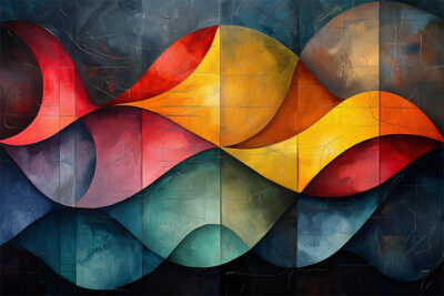 Abstract painting featuring interlocking curved shapes in red, yellow, blue, and teal tones with textured, layered surfaces. Abstract art poster available in A1 to A4 sizes.
