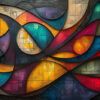 Abstract artwork featuring intersecting curved lines and geometric shapes in vibrant shades of red, yellow, blue, teal, and orange with textured surfaces. Abstract art poster available in A1 to A4 sizes.