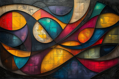 Abstract artwork featuring intersecting curved lines and geometric shapes in vibrant shades of red, yellow, blue, teal, and orange with textured surfaces. Abstract art poster available in A1 to A4 sizes.