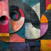 Abstract painting with intersecting geometric shapes and bold colours, including red, orange, yellow, blue, and black, over a textured, cracked surface. Abstract art poster available in A1 to A4 sizes.
